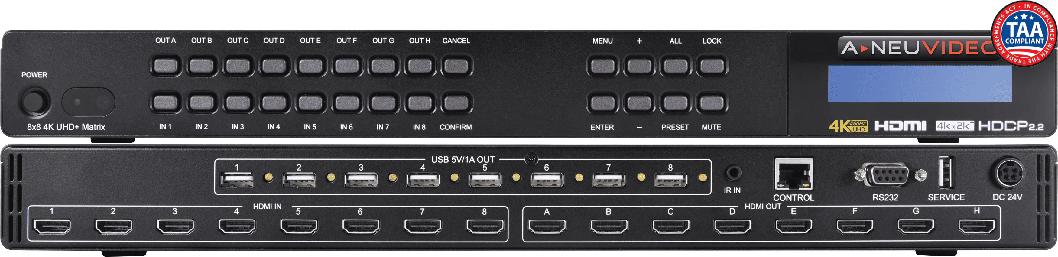 8x8 4K@60Hz HDMI HDR HDCP 2.2 18G Matrix Switcher Scaler w/ USB Power Ports