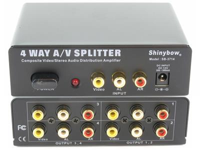 Composite Splitter Distribution Amplifier with audio RCA Connectors, 4 Ports