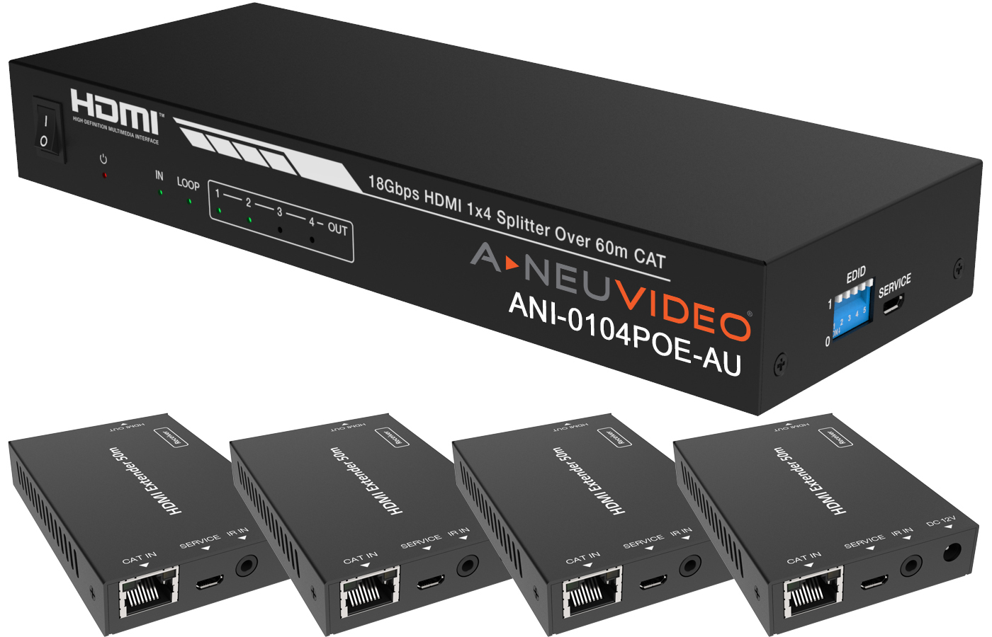 1x4 HDMI POE 1080/4K60 18Gbps CAT6 Extender Splitter, IR Return, w/ 4x Receivers 196 ft (60M) AUTO SETUP