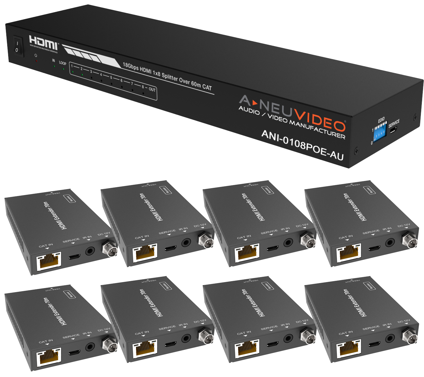 1x8 HDMI POE 1080/4K60 18Gbps CAT6 Extender Splitter, IR Return, w/ 8x Receivers 196 ft (60M) AUTO SETUP