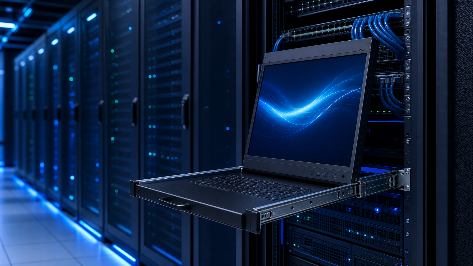 Rackmount LCD monitor drawer installed in a 19-inch server rack in a cool-blue data center