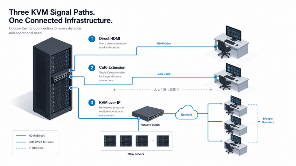 Cat5 vs. HDMI vs. KVM-over-IP: Choosing the Right Signal Path for Your Server Room (2026)