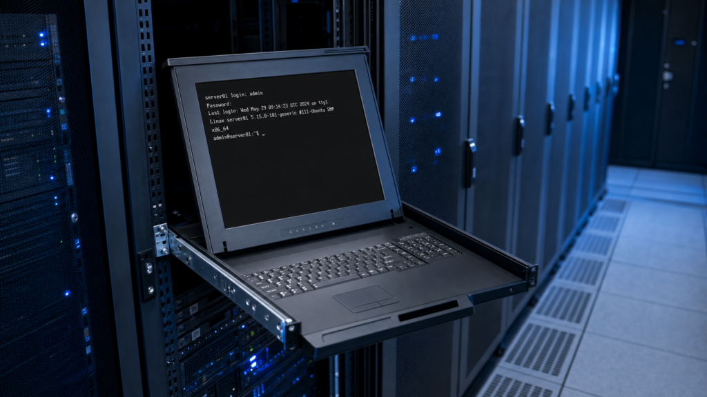 1U rackmount LCD keyboard KVM drawer extended from a server rack in a blue-lit data center aisle