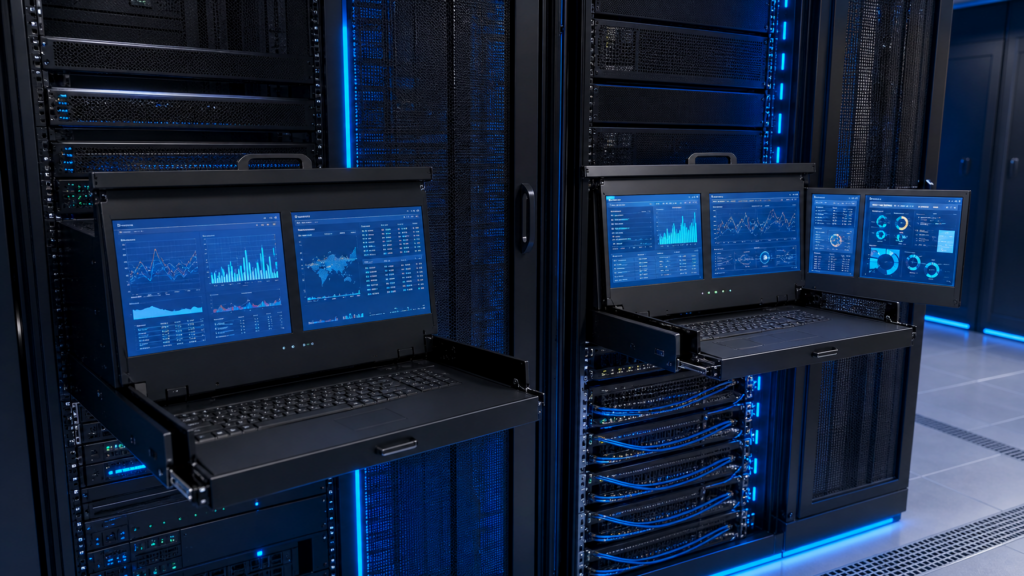 Dual and triple display rackmount monitors in a data center server rack with cool blue lighting