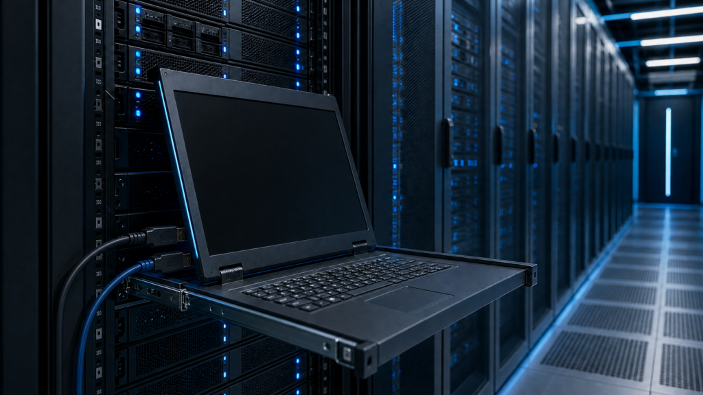1U rackmount LCD console drawer extended from a server rack with DisplayPort and HDMI cables in a blue-lit data center aisle