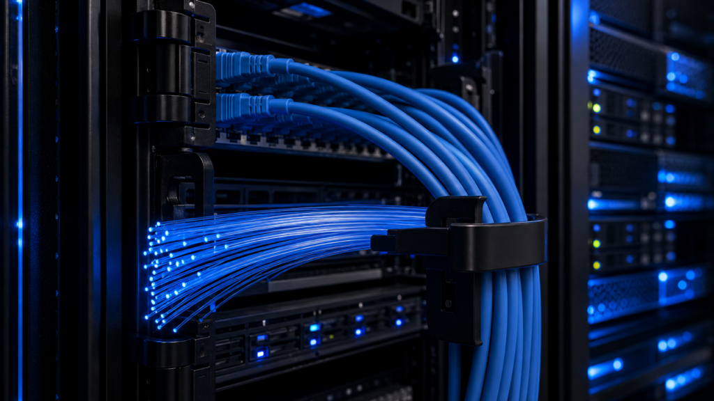 Fiber optic cables with glowing blue light alongside copper Cat6 ethernet cables in a server rack cable management system