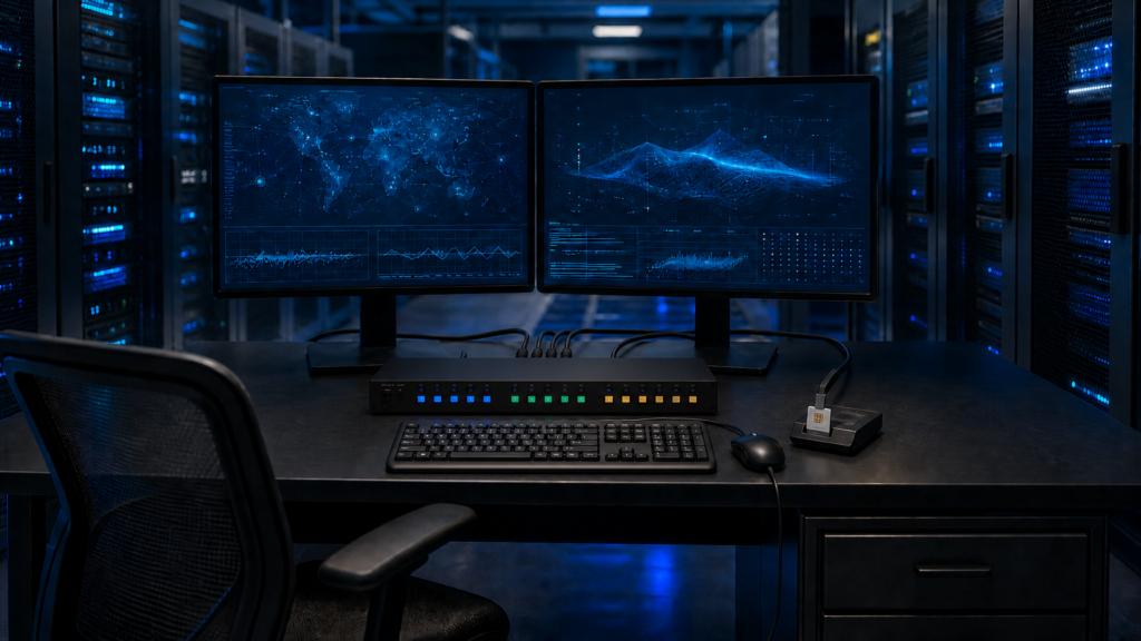 Secure KVM switch on a government operator desk with dual monitors, keyboard, and CAC reader under cool blue lighting