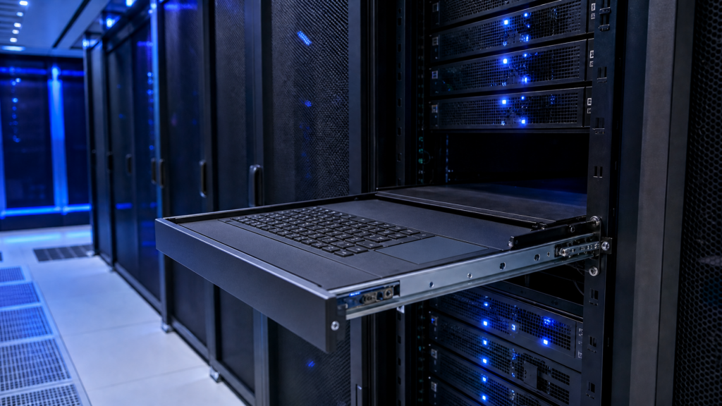1U rackmount keyboard drawer in a modern data center with cool blue LED ambient lighting