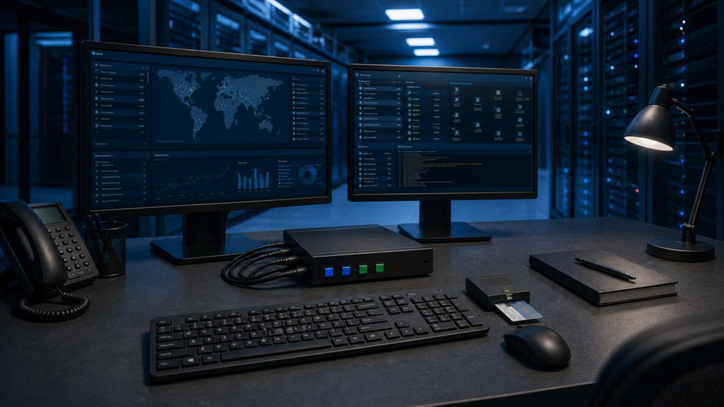 Dual-monitor government desk with a black secure KVM, keyboard, and CAC reader under cool blue lighting