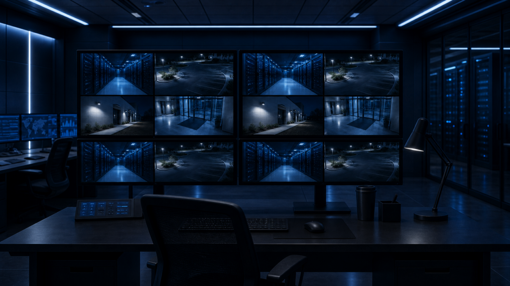 Security operations center with multiple monitors displaying quad-split surveillance camera feeds