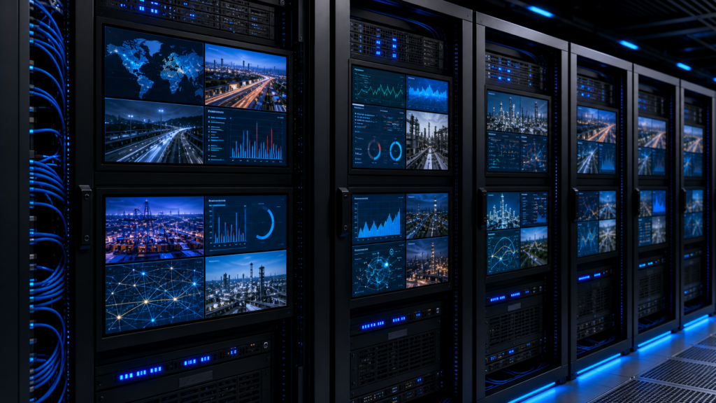 Rackmount LCD displays in a control room server rack showing quad-screen views with multiple video feeds in blue-lit data center environment