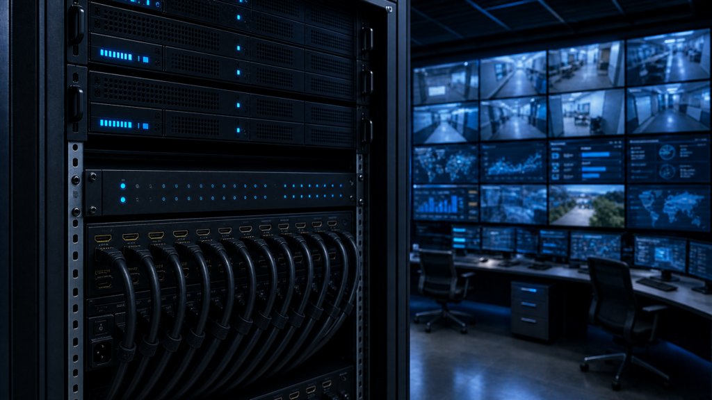 1U HDMI matrix switch mounted in a 19-inch rack in a cool-blue SOC with a video wall behind it