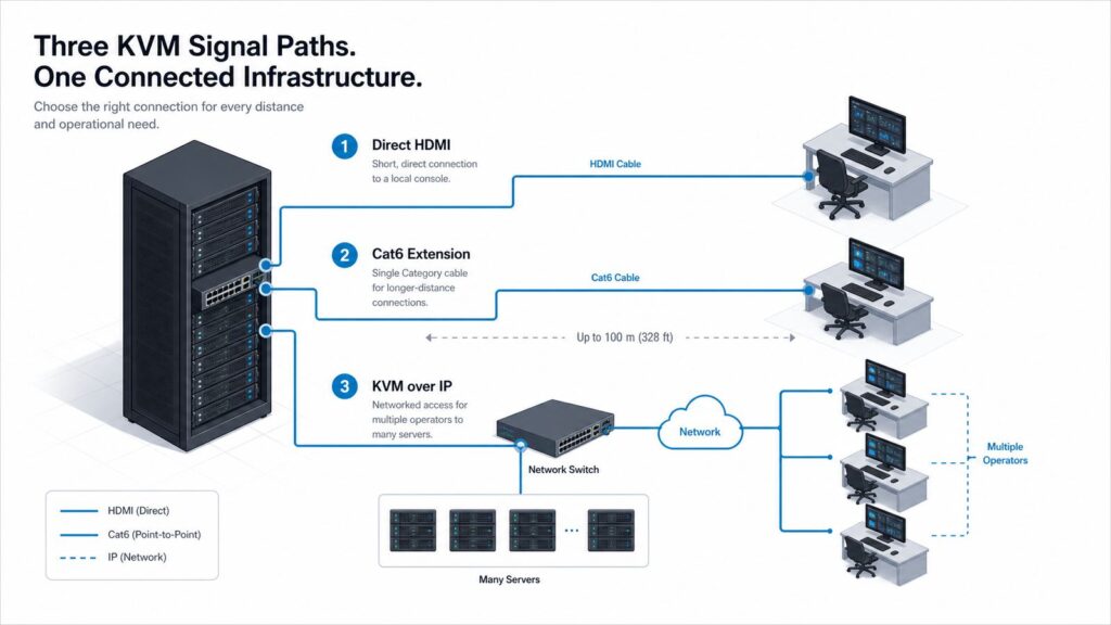 Cat5 vs. HDMI vs. KVM-over-IP: Choosing the Right Signal Path for Your Server Room (2026)