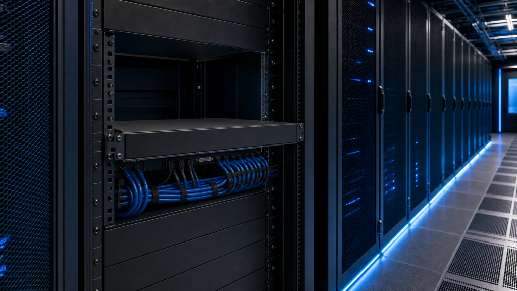 1U rackmount KVM switch in a cool-blue data center rack with dressed HDMI DVI and USB cables