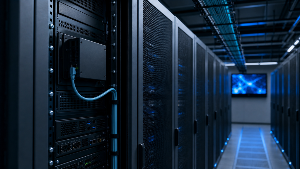 Cool-blue data center rack with Cat6a HDMI extension toward a distant wall display