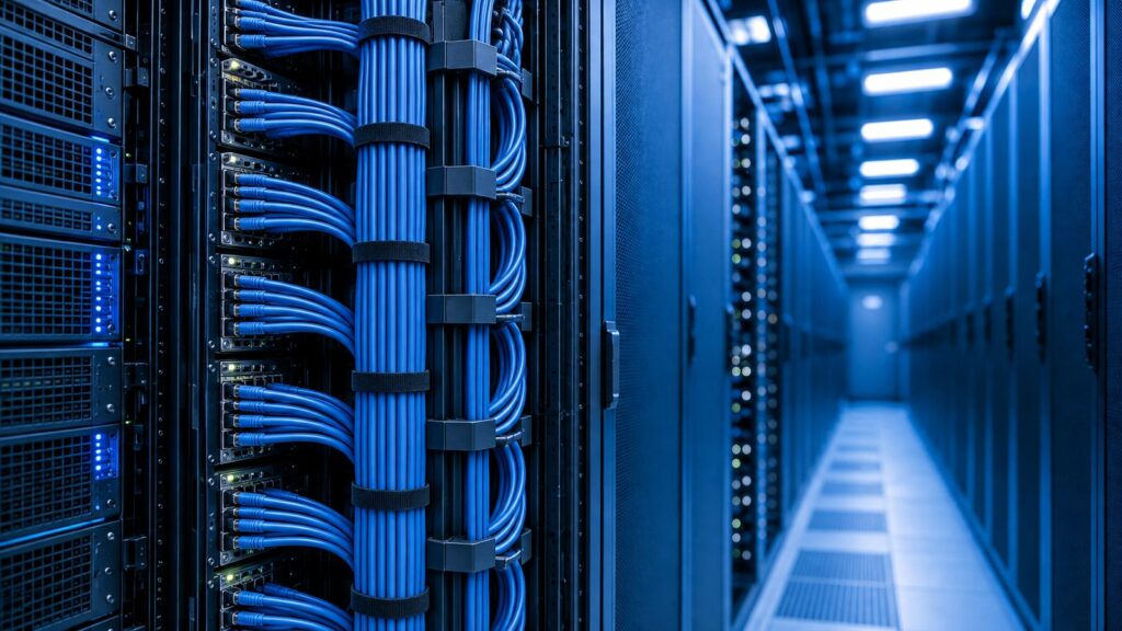 Cool-blue data center rack rear with Cat6 patch cords in a vertical manager