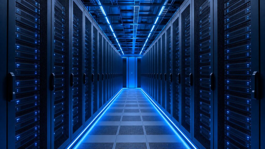 Cool-blue colocation data center aisle with 19-inch server racks
