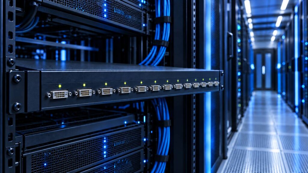 1U DVI KVM switch in a cool-blue data center rack aisle