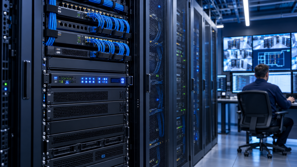 1U rackmount video matrix switcher in a cool-blue data center rack with Cat6 patching