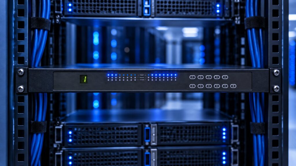 1U rackmount KVM switch front panel in a cool-blue data center rack