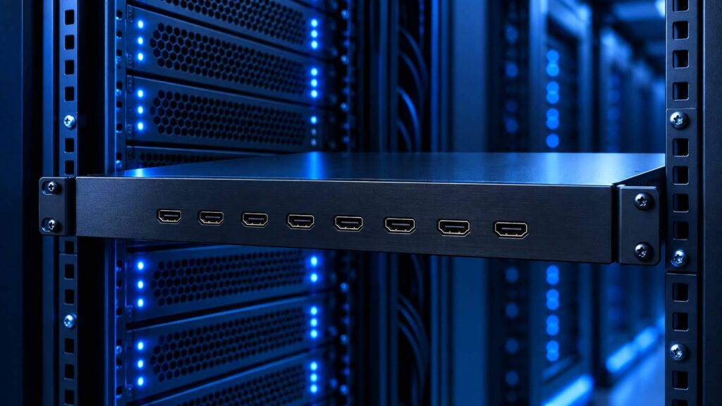 1U HDMI matrix chassis in a cool-blue control room rack