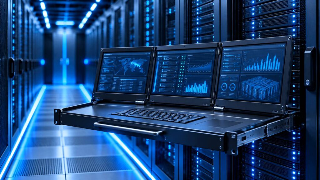 2U dual and triple LCD console drawer extended in a cool-blue data center rack